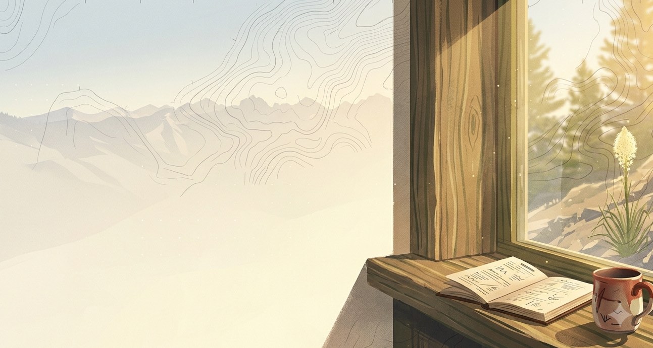 An open book and a mug on a sunlit window sill, with beargrass blooming on the hill outside and a misty valley beyond